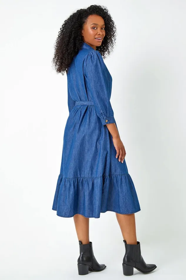 Women Denim Petite Cotton Frill Detail Denim Dress Roman Dresses