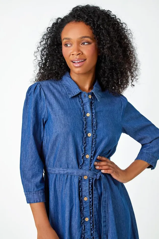 Women Denim Petite Cotton Frill Detail Denim Dress Roman Dresses