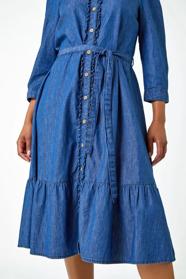 Women Denim Petite Cotton Frill Detail Denim Dress Roman Dresses