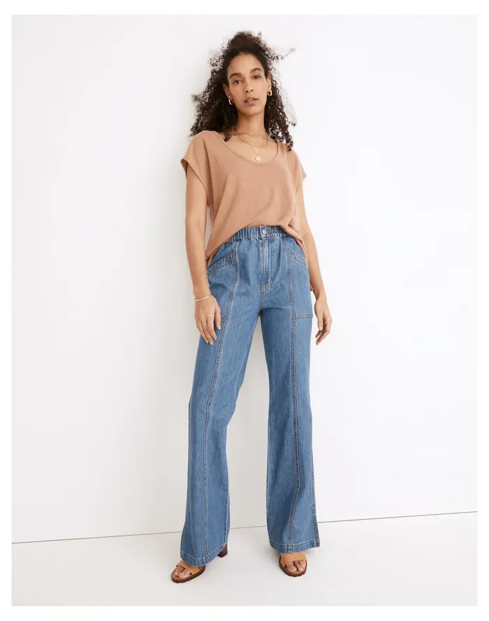 Women Denim Pull On Loose Flare Pants Reeves Wash Madewell Pants