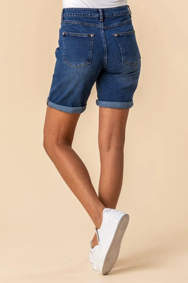 Women Denim Turned Hem Denim Stretch Shorts Roman Shorts