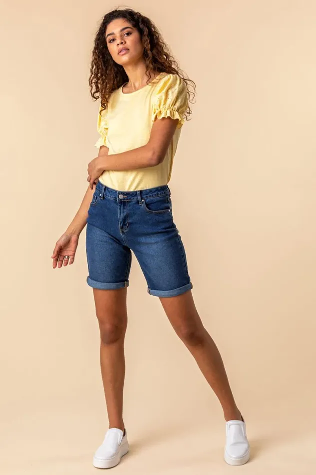 Women Denim Turned Hem Denim Stretch Shorts Roman Shorts