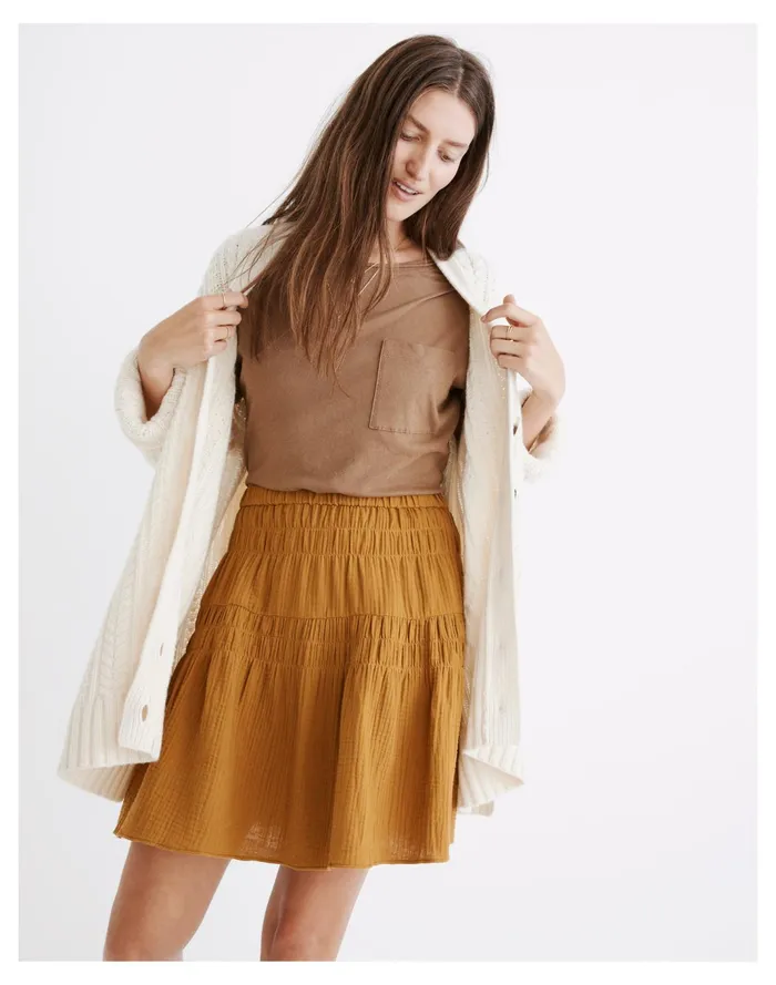 Women Double Gauze Smocked Mini Skirt Antique Gold Madewell Skirts