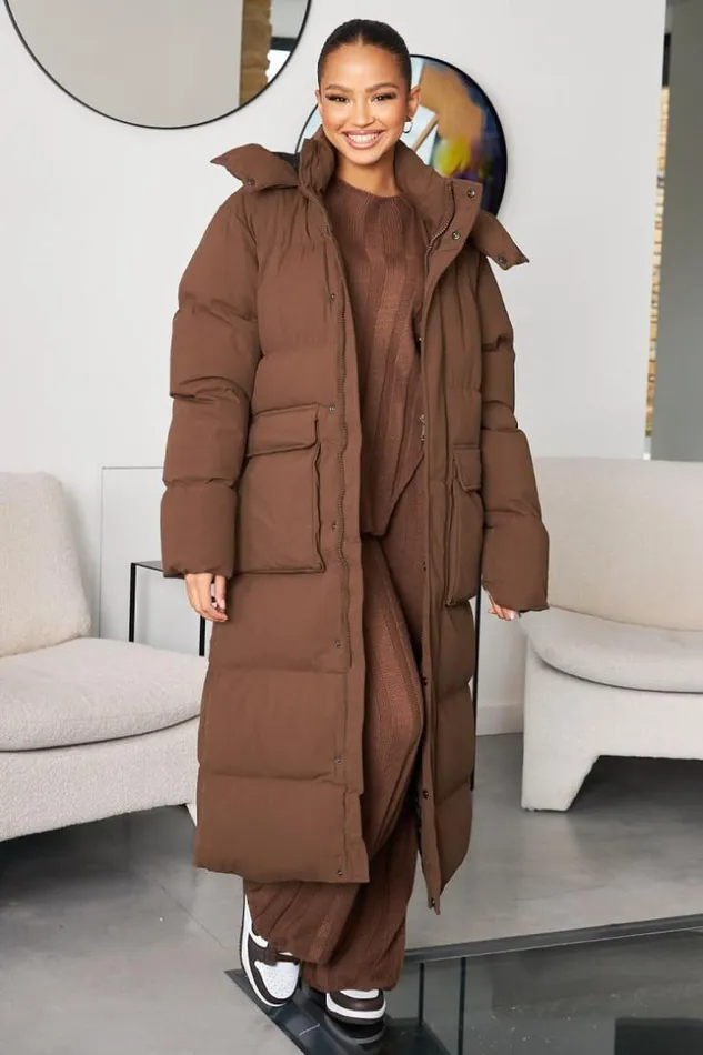 Women Doudoune Matelasse Longue Marron Capuche Brown Brentiny Paris White Tops