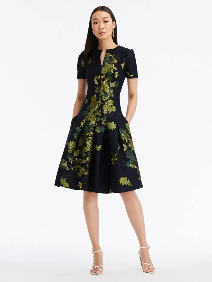 Women Dresses Oscar De La Renta Split Neck Acorn Jacquard Dress Greennavy