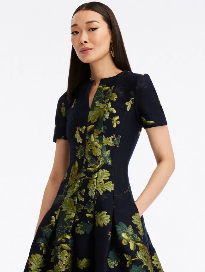 Women Dresses Oscar De La Renta Split Neck Acorn Jacquard Dress Greennavy Women Dresses Oscar De La Renta Split Neck Acorn Jacquard Dress Greennavy