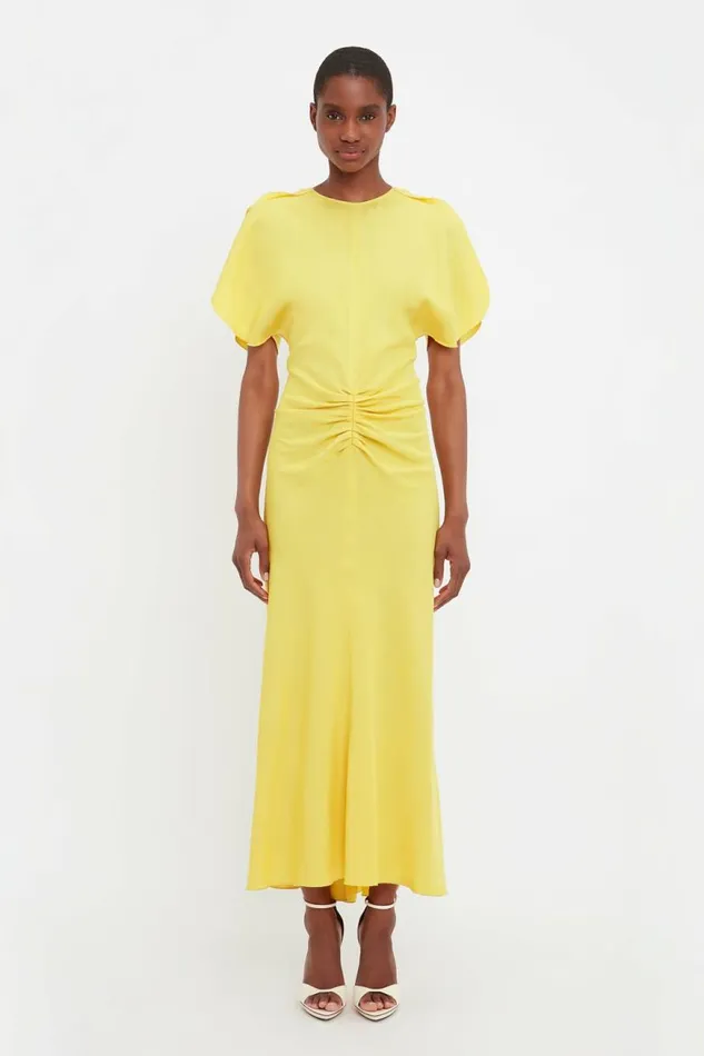 Women Dresses Victoria Beckham Gathered Waist Midi Dress In Sunflower