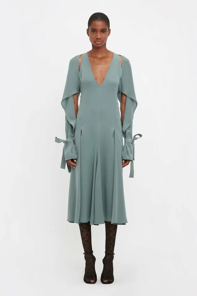 Women Dresses Victoria Beckham Tie Sleeve Midi Dress In Stone