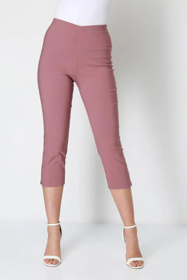 Women Dusky Pink Elastic Waist Stretch Cropped Trousers Roman Coords