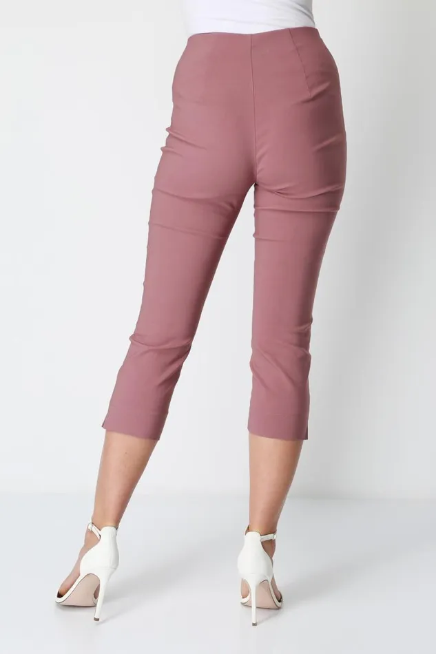 Women Dusky Pink Elastic Waist Stretch Cropped Trousers Roman Coords