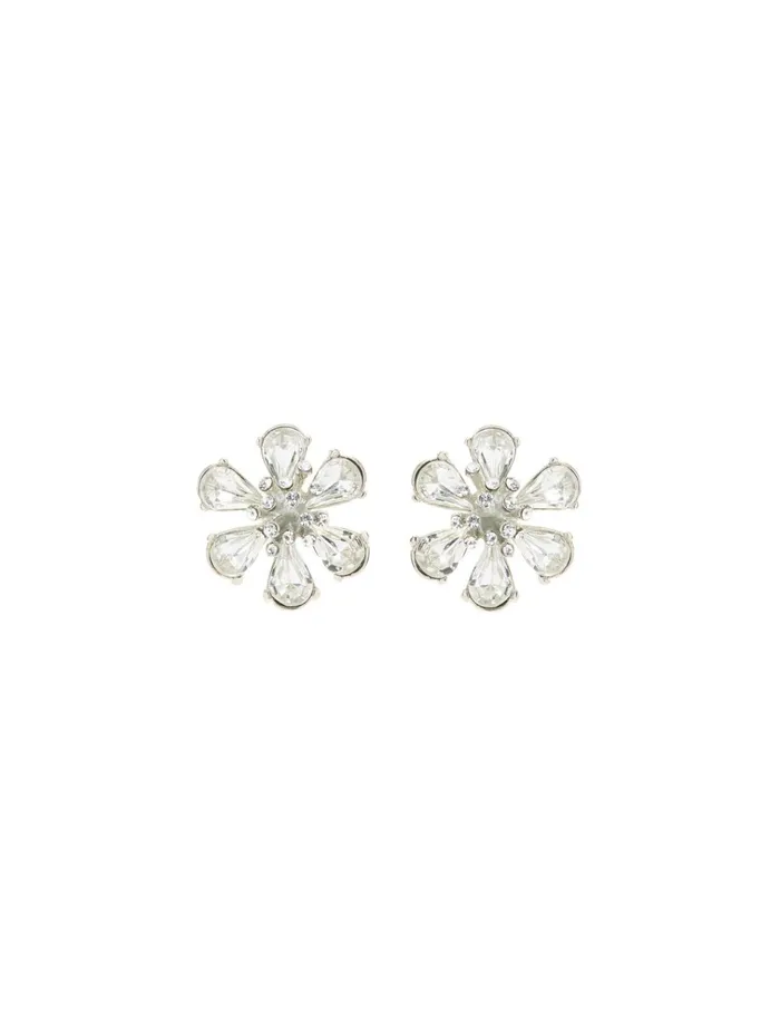 Women Earrings Oscar De La Renta Crystal Flower Button Earrings Silver