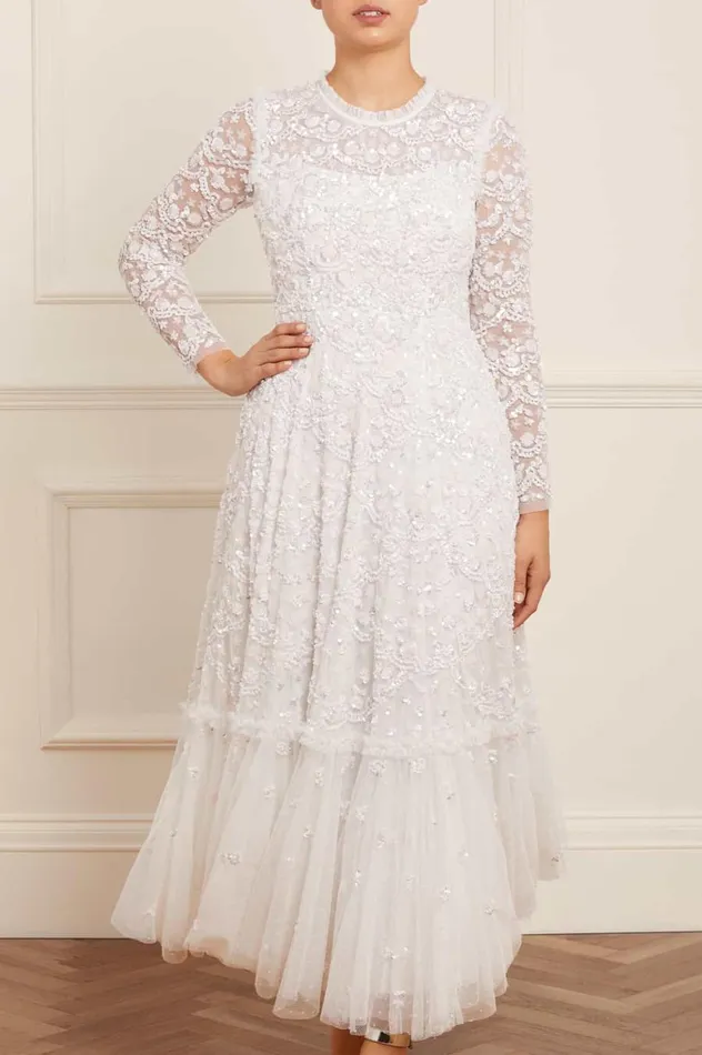 Women Embellished Dresses Needle and Thread Alina Sequin Ankle Gown White