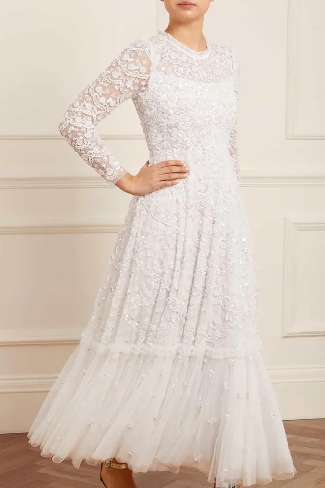 Women Embellished Dresses Needle and Thread Alina Sequin Ankle Gown White