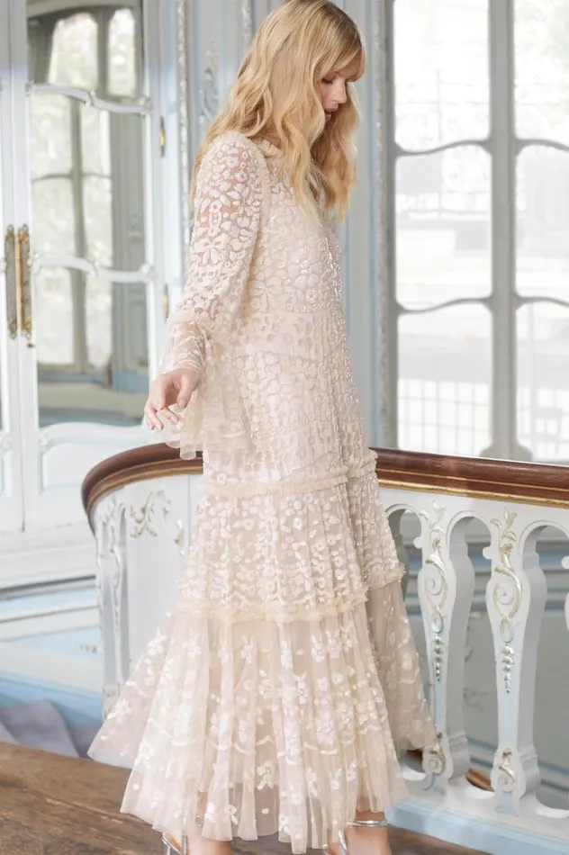 Women Embellished Dresses Needle and Thread Annie Sequin Tiered Ankle Gown Champagne