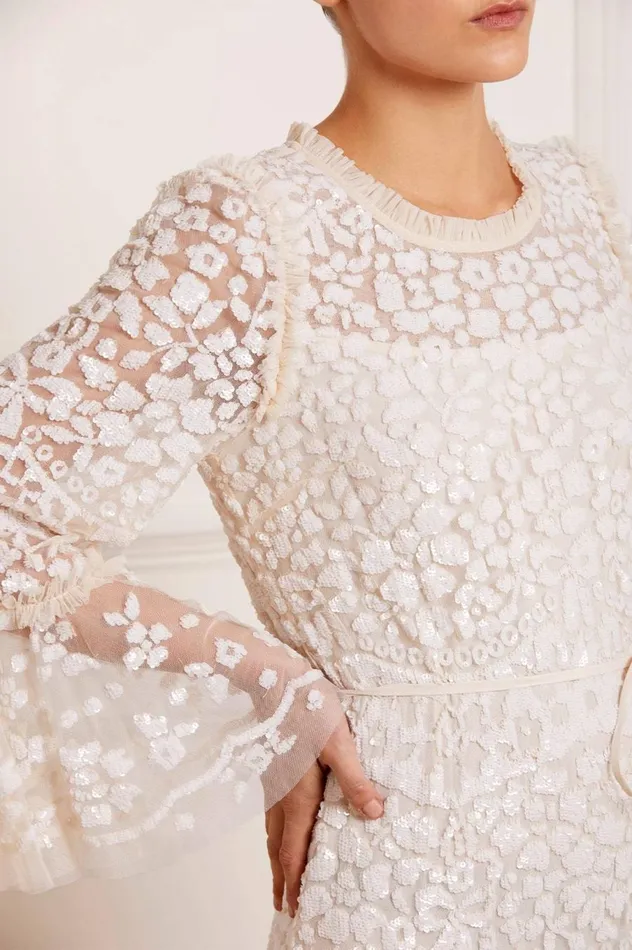 Women Embellished Dresses Needle and Thread Annie Sequin Tiered Ankle Gown Champagne