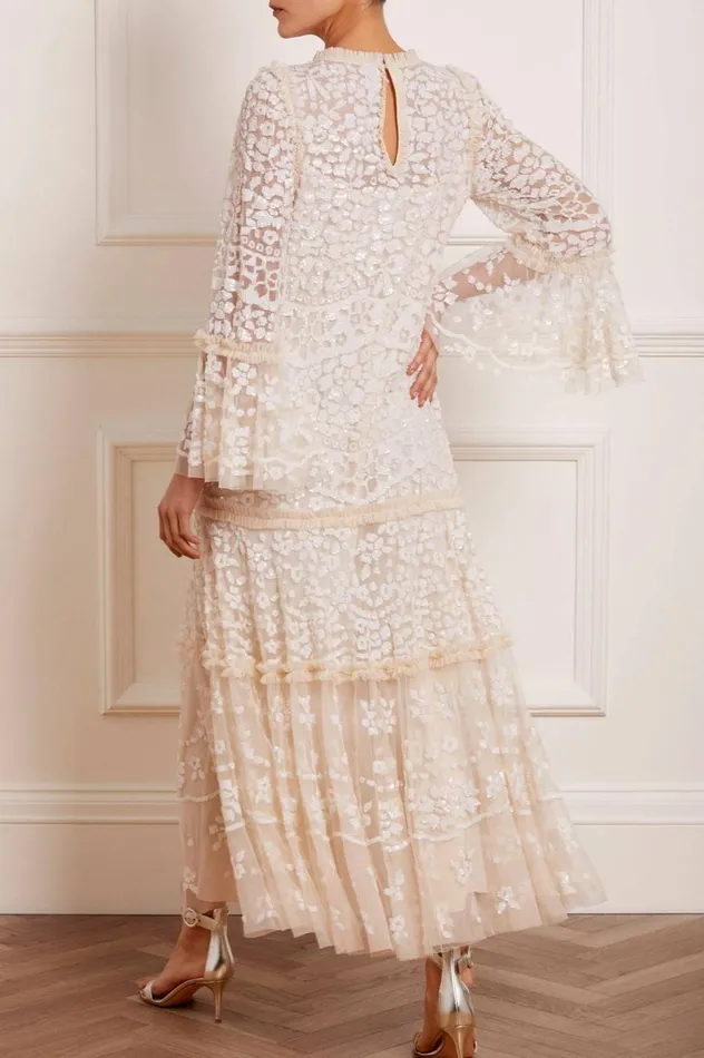 Women Embellished Dresses Needle and Thread Annie Sequin Tiered Ankle Gown Champagne