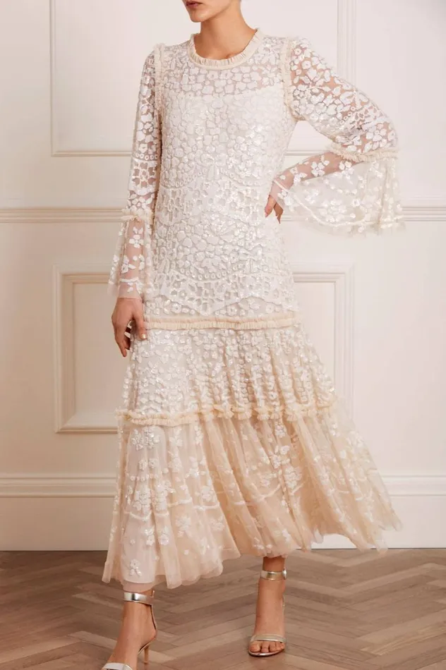 Women Embellished Dresses Needle and Thread Annie Sequin Tiered Ankle Gown Champagne
