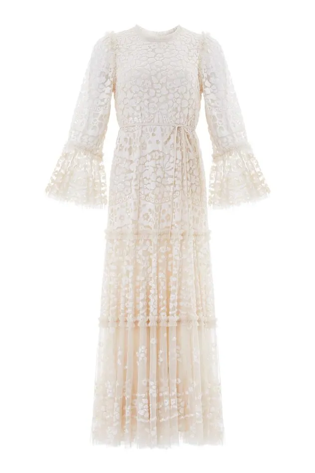 Women Embellished Dresses Needle and Thread Annie Sequin Tiered Ankle Gown Champagne