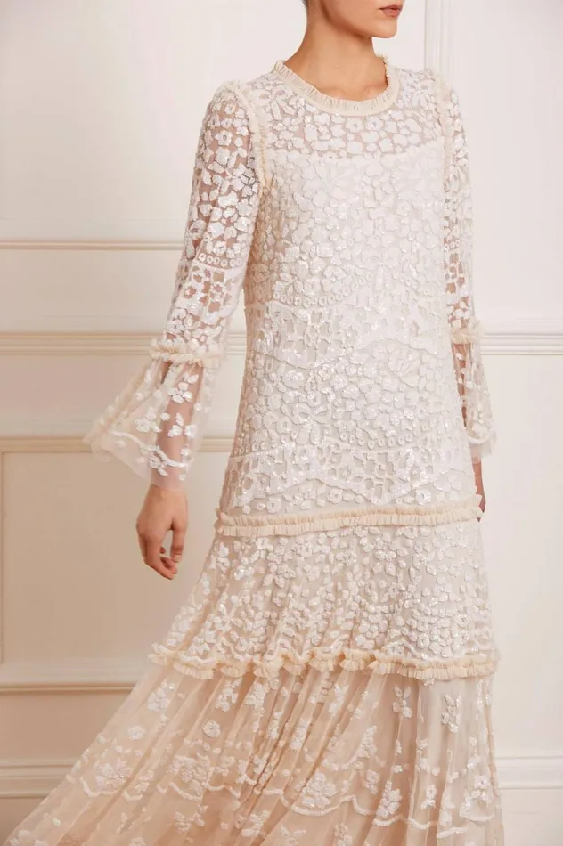 Women Embellished Dresses Needle and Thread Annie Sequin Tiered Ankle Gown Champagne
