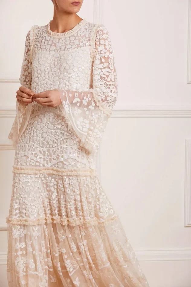 Women Embellished Dresses Needle and Thread Annie Sequin Tiered Ankle Gown Champagne