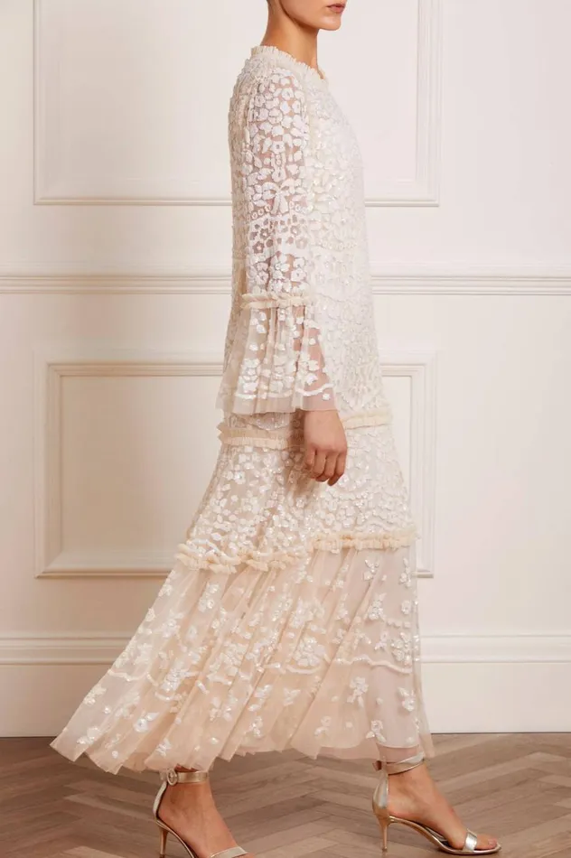Women Embellished Dresses Needle and Thread Annie Sequin Tiered Ankle Gown Champagne