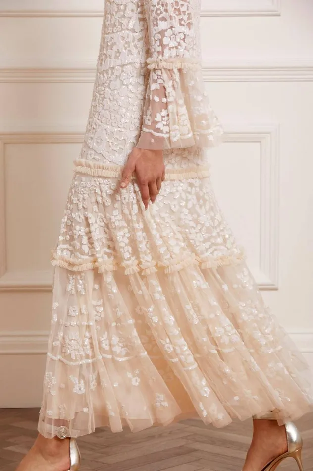 Women Embellished Dresses Needle and Thread Annie Sequin Tiered Ankle Gown Champagne