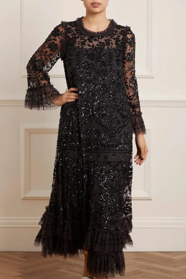 Women Embellished Dresses Needle and Thread Celia Long Sleeve Ankle Gown Black