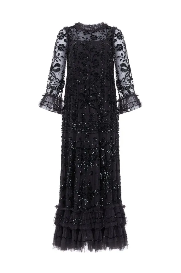 Women Embellished Dresses Needle and Thread Celia Long Sleeve Ankle Gown Black