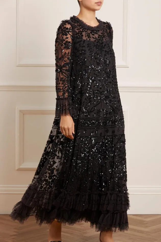 Women Embellished Dresses Needle and Thread Celia Long Sleeve Ankle Gown Black