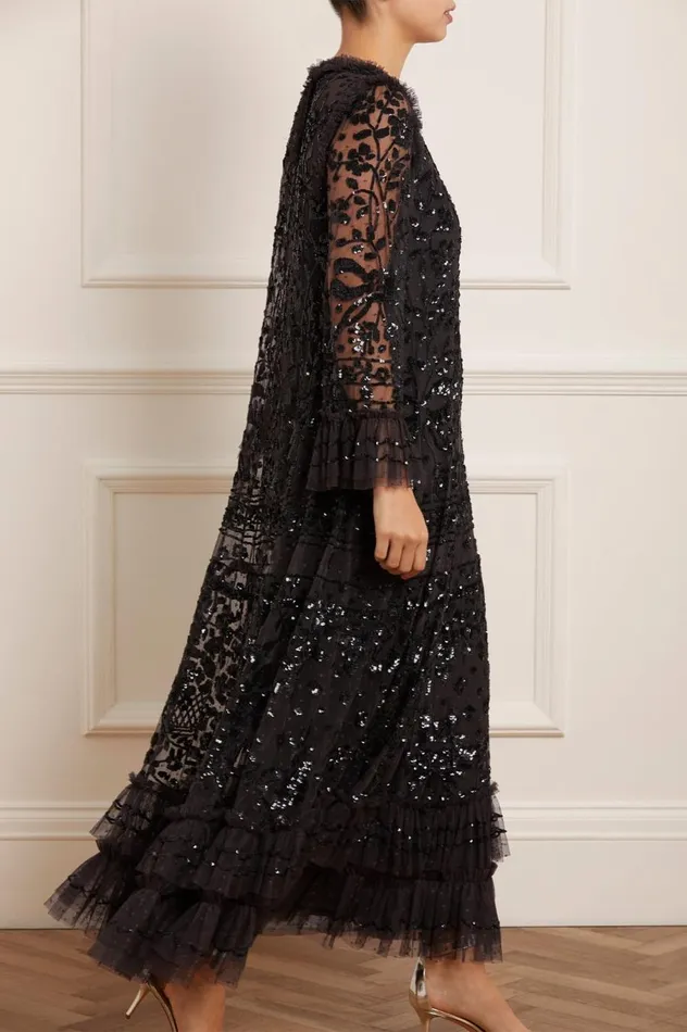 Women Embellished Dresses Needle and Thread Celia Long Sleeve Ankle Gown Black