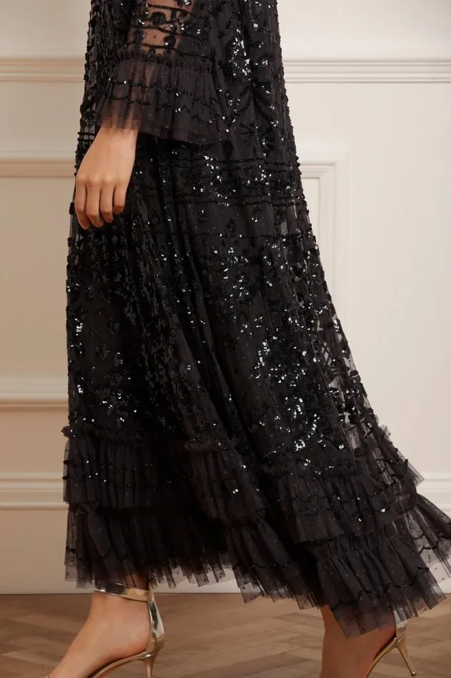 Women Embellished Dresses Needle and Thread Celia Long Sleeve Ankle Gown Black