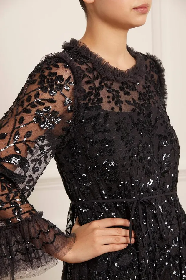 Women Embellished Dresses Needle and Thread Celia Long Sleeve Ankle Gown Black