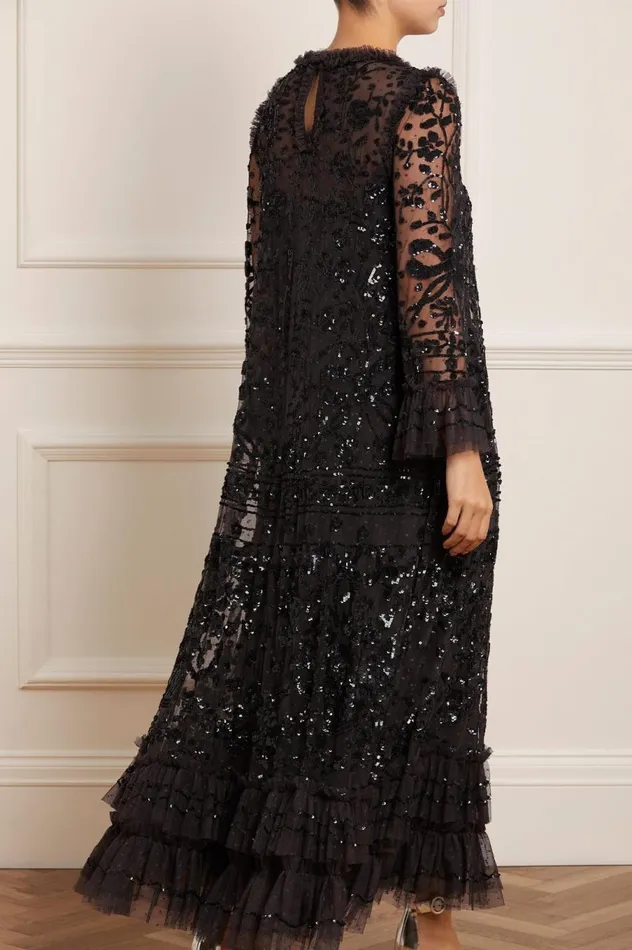 Women Embellished Dresses Needle and Thread Celia Long Sleeve Ankle Gown Black