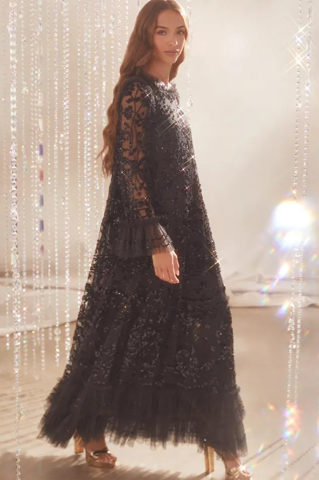 Women Embellished Dresses Needle and Thread Celia Long Sleeve Ankle Gown Black