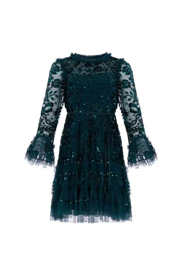 Women Embellished Dresses Needle and Thread Celia Long Sleeve Mini Dress Green
