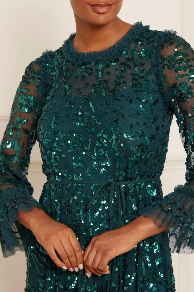 Women Embellished Dresses Needle and Thread Celia Long Sleeve Mini Dress Green