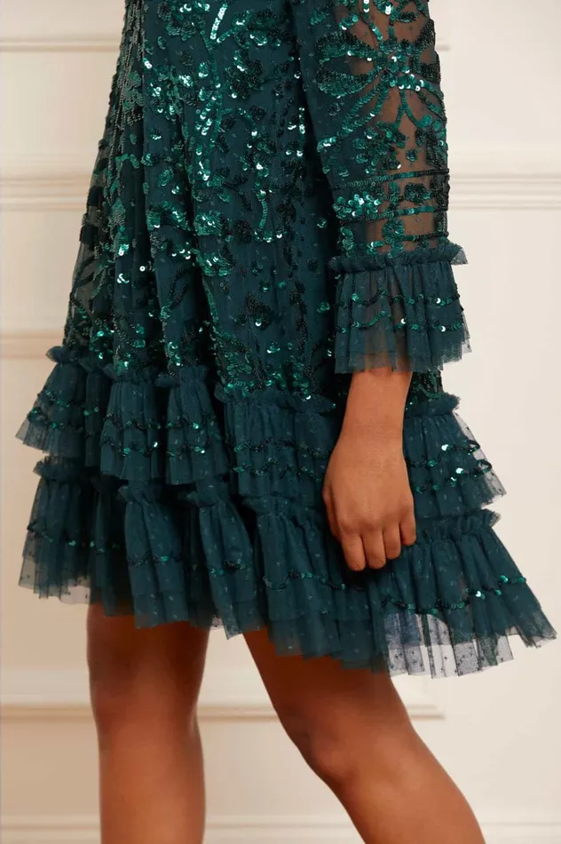 Women Embellished Dresses Needle and Thread Celia Long Sleeve Mini Dress Green
