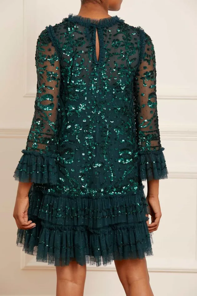 Women Embellished Dresses Needle and Thread Celia Long Sleeve Mini Dress Green