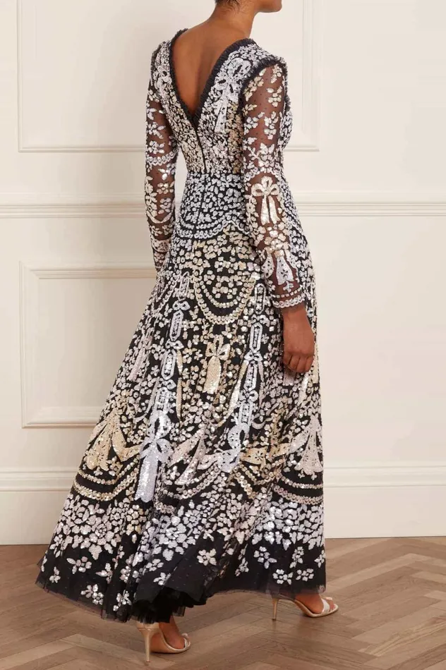 Women Embellished Dresses Needle and Thread Chandelier Gloss Gown Black