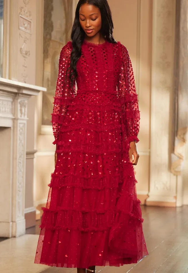 Women Embellished Dresses Needle and Thread Dot Shimmer Ankle Gown Red