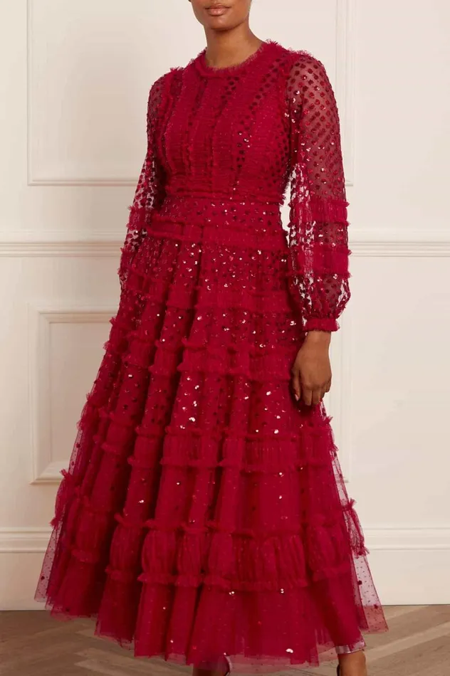 Women Embellished Dresses Needle and Thread Dot Shimmer Ankle Gown Red