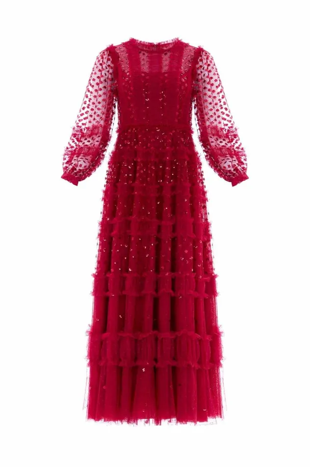 Women Embellished Dresses Needle and Thread Dot Shimmer Ankle Gown Red
