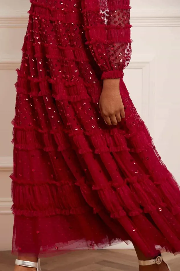 Women Embellished Dresses Needle and Thread Dot Shimmer Ankle Gown Red