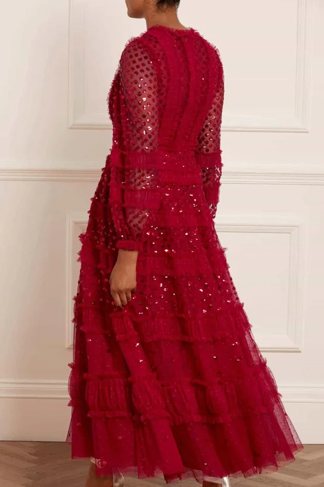 Women Embellished Dresses Needle and Thread Dot Shimmer Ankle Gown Red