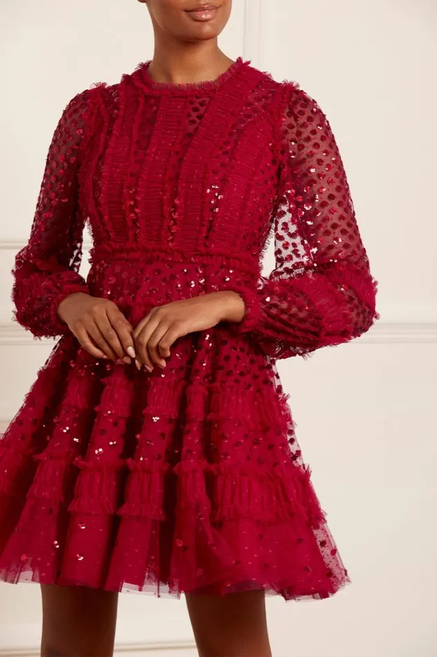 Women Embellished Dresses Needle and Thread Dot Shimmer Micro Mini Dress Red