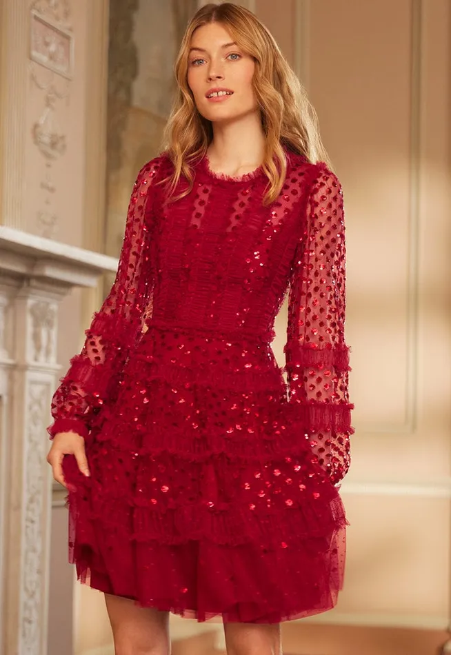 Women Embellished Dresses Needle and Thread Dot Shimmer Micro Mini Dress Red