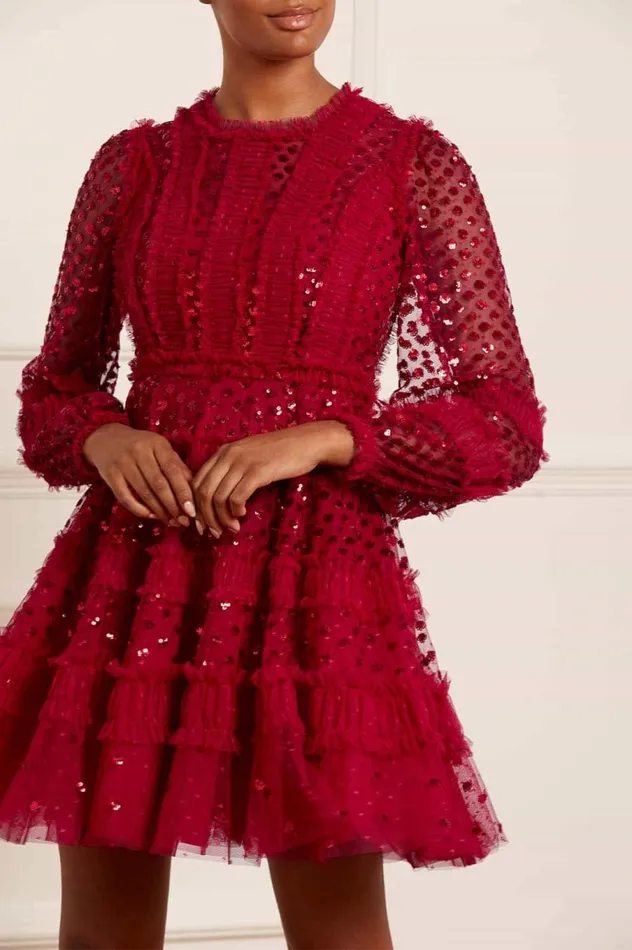 Women Embellished Dresses Needle and Thread Dot Shimmer Micro Mini Dress Red