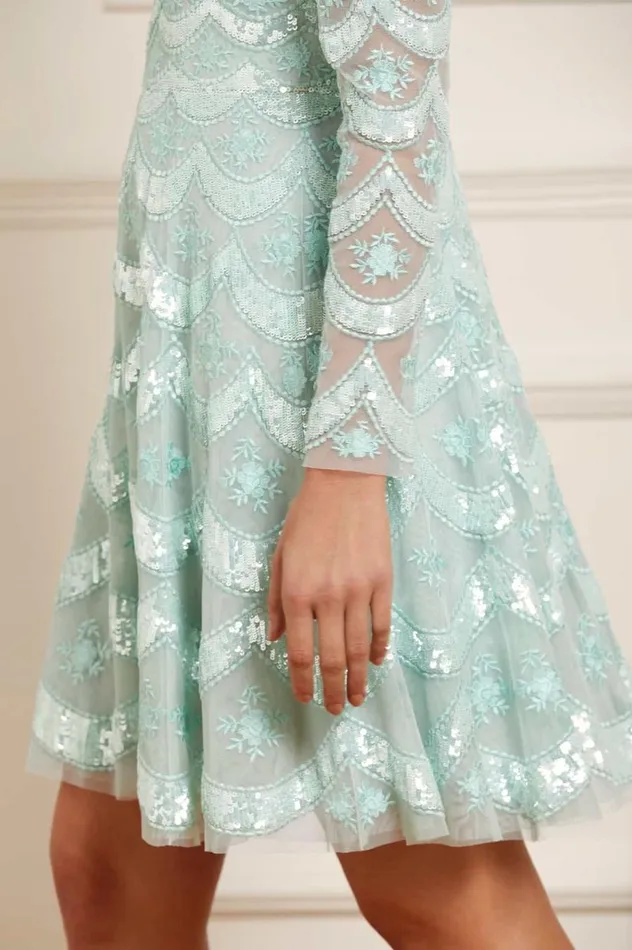 Women Embellished Dresses Needle and Thread Fifi Long Sleeve Mini Dress Green