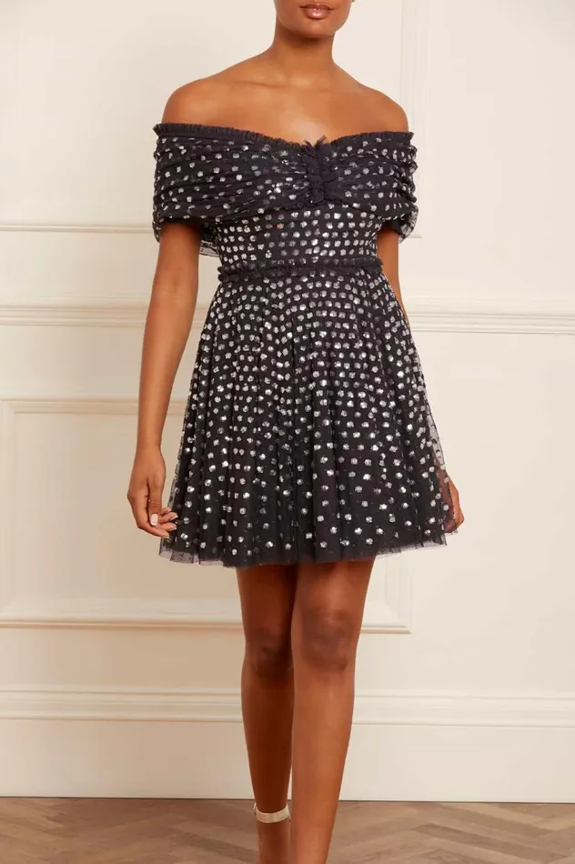 Women Embellished Dresses Needle and Thread Grace Gloss OffShoulder Micro Mini Dress Black