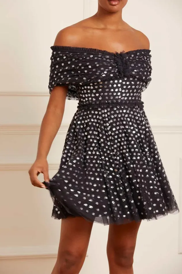 Women Embellished Dresses Needle and Thread Grace Gloss OffShoulder Micro Mini Dress Black